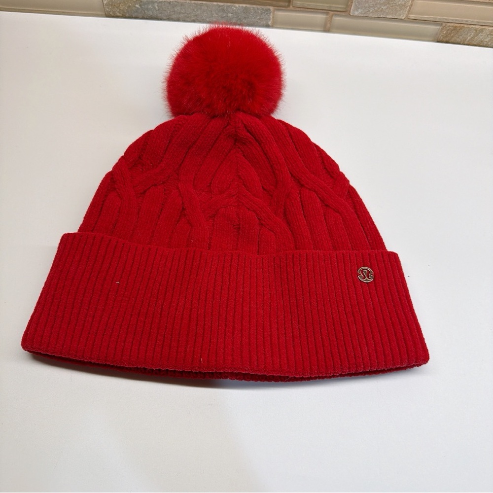 Lululemon Red Knit Beanie with Pom Pom